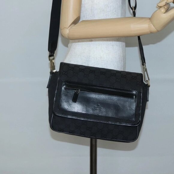 GUCCI GG Canvas Shoulder Bag Black Gold 019 0375 Auth 141991 - Picture 3 of 16